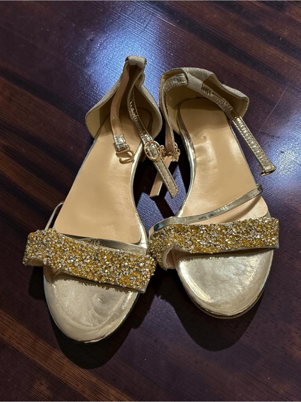 Women's Gold Glitter Ankle-Strap Sandals with Sparkle Toe Band
